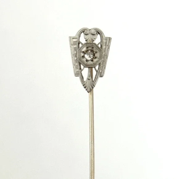 Antique 14K Solid Gold & Platinum Face Diamond Stick Pin 2.5" - Picture 3 of 15